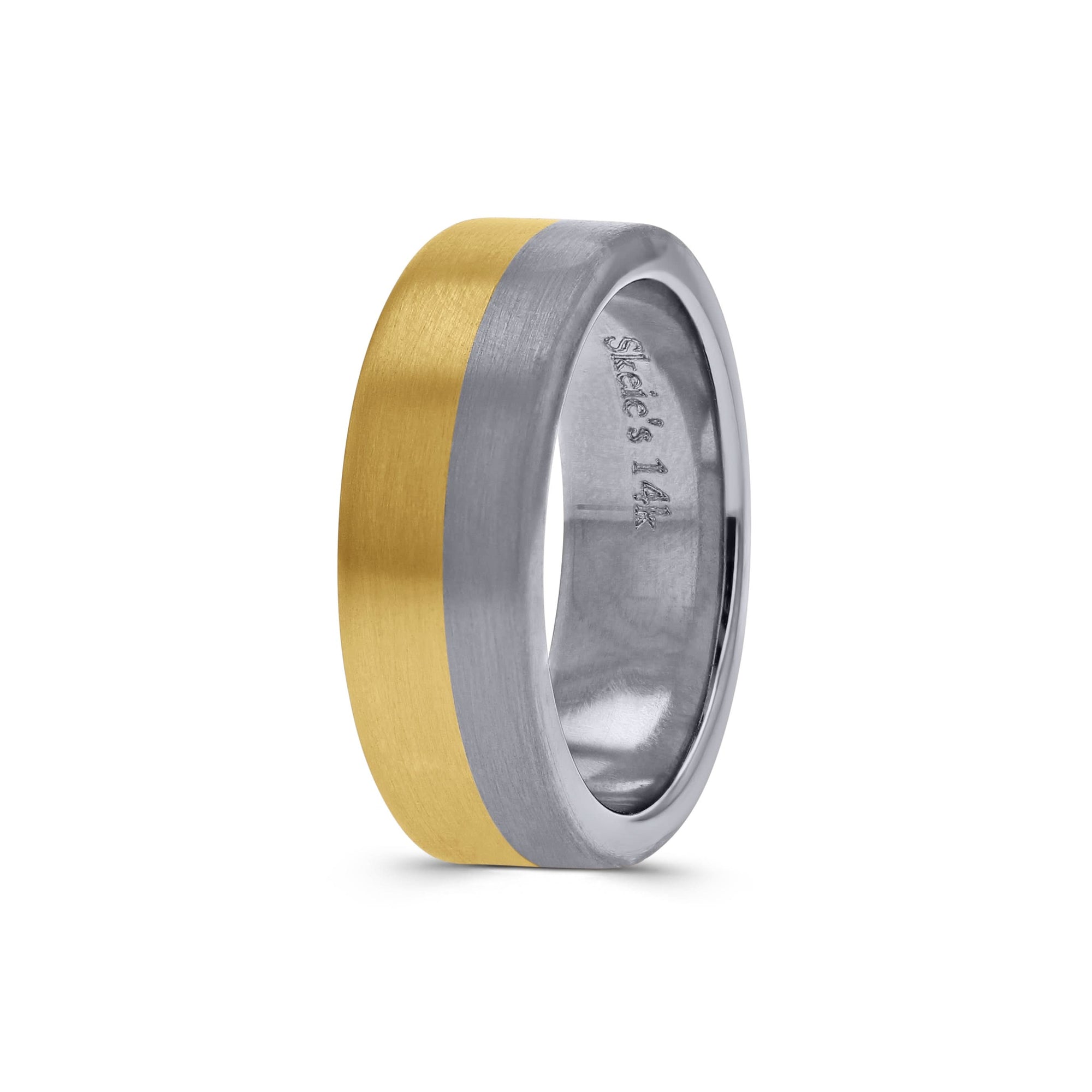 Two-tone ring with gold and silver finish on a white background standing up vertically