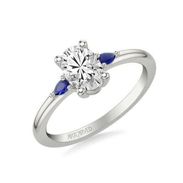 Classic Three Stone Diamond Engagement Ring with Pear Shaped Blue Sapphire Side Stones - Skeie's Jewelers