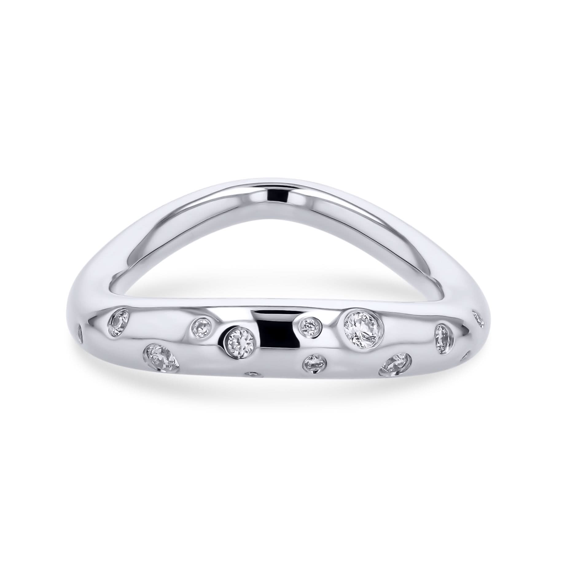 Silver ring with small diamonds on a white background
