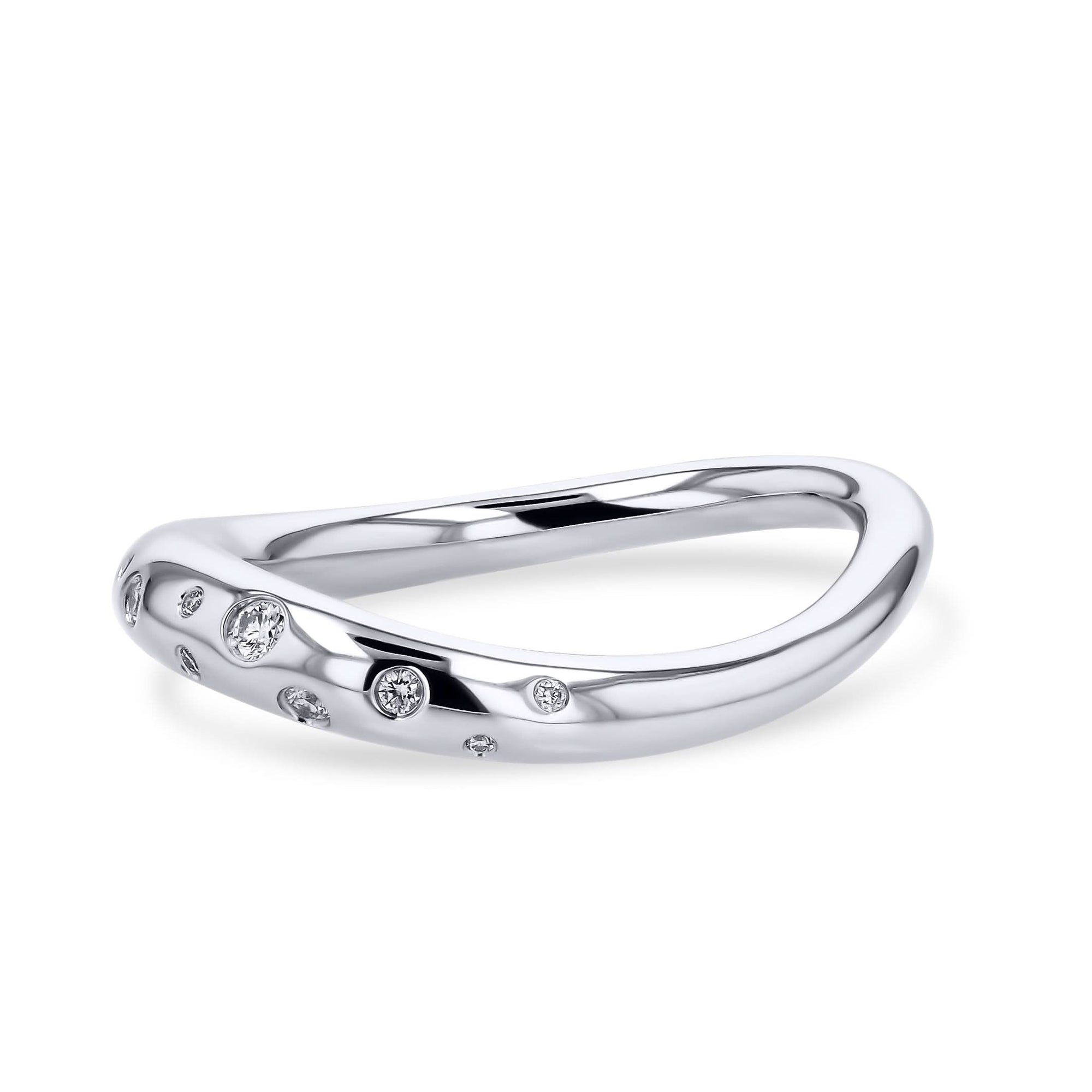 Silver ring with small diamonds on a white background side view