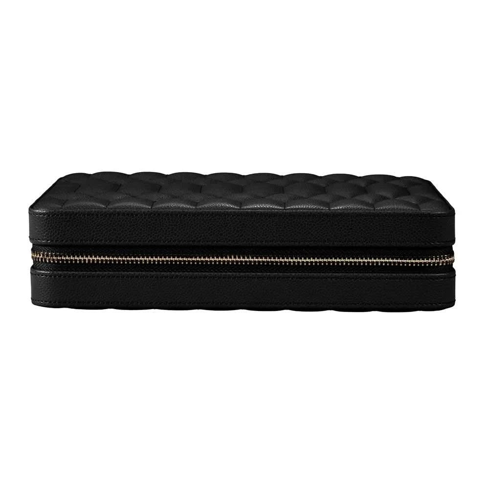 A black quilted leather zippered case with a gold-tone zipper, shown from a front-facing perspective on a solid white background.