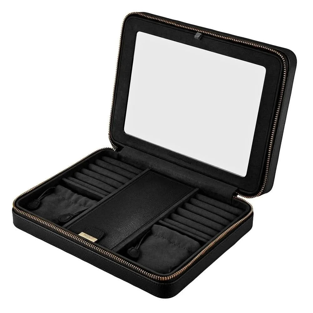 An open black zippered jewelry organizer case with a built-in mirror on the inside of the lid, shown on a plain white background.