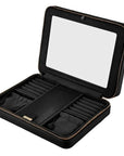 An open black zippered jewelry organizer case with a built-in mirror on the inside of the lid, shown on a plain white background.
