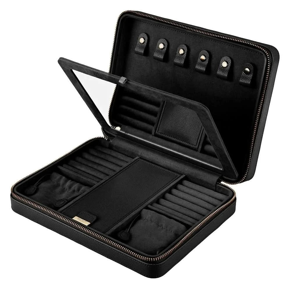 A black zippered jewelry organizer case shown open, with multiple compartments, ring rolls, a mirror on the inside lid, and small ring loops with metal snaps.