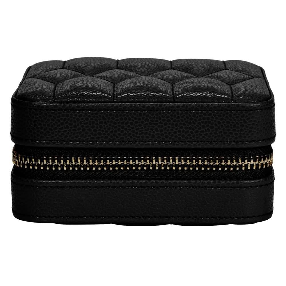 A black textured leather jewelry box with a quilted top and a gold-tone zipper, shown against a plain white background.