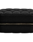 A black textured leather jewelry box with a quilted top and a gold-tone zipper, shown against a plain white background.