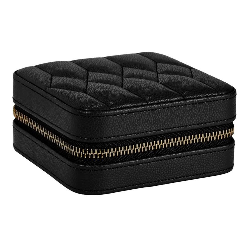 A black textured faux-leather zippered jewelry box with a quilted top, shown on a plain white background.