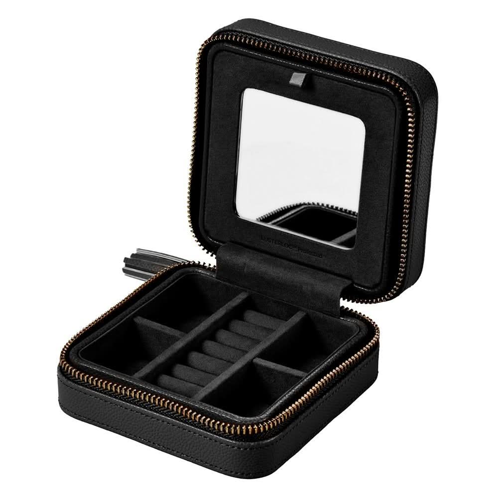 A black zippered jewelry organizer case shown open, featuring a mirror on the inside of the lid, divided compartments, and ring slots, photographed on a white background.
