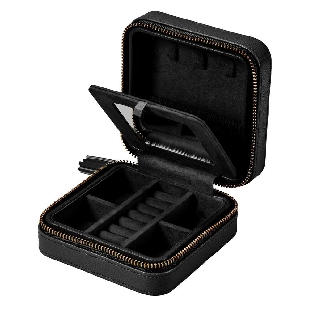 A black zippered jewelry organizer case shown open, with interior compartments, a mirror in the lid, and gold-tone zipper trim on a plain white background.