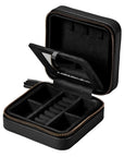A black zippered jewelry organizer case shown open, with interior compartments, a mirror in the lid, and gold-tone zipper trim on a plain white background.