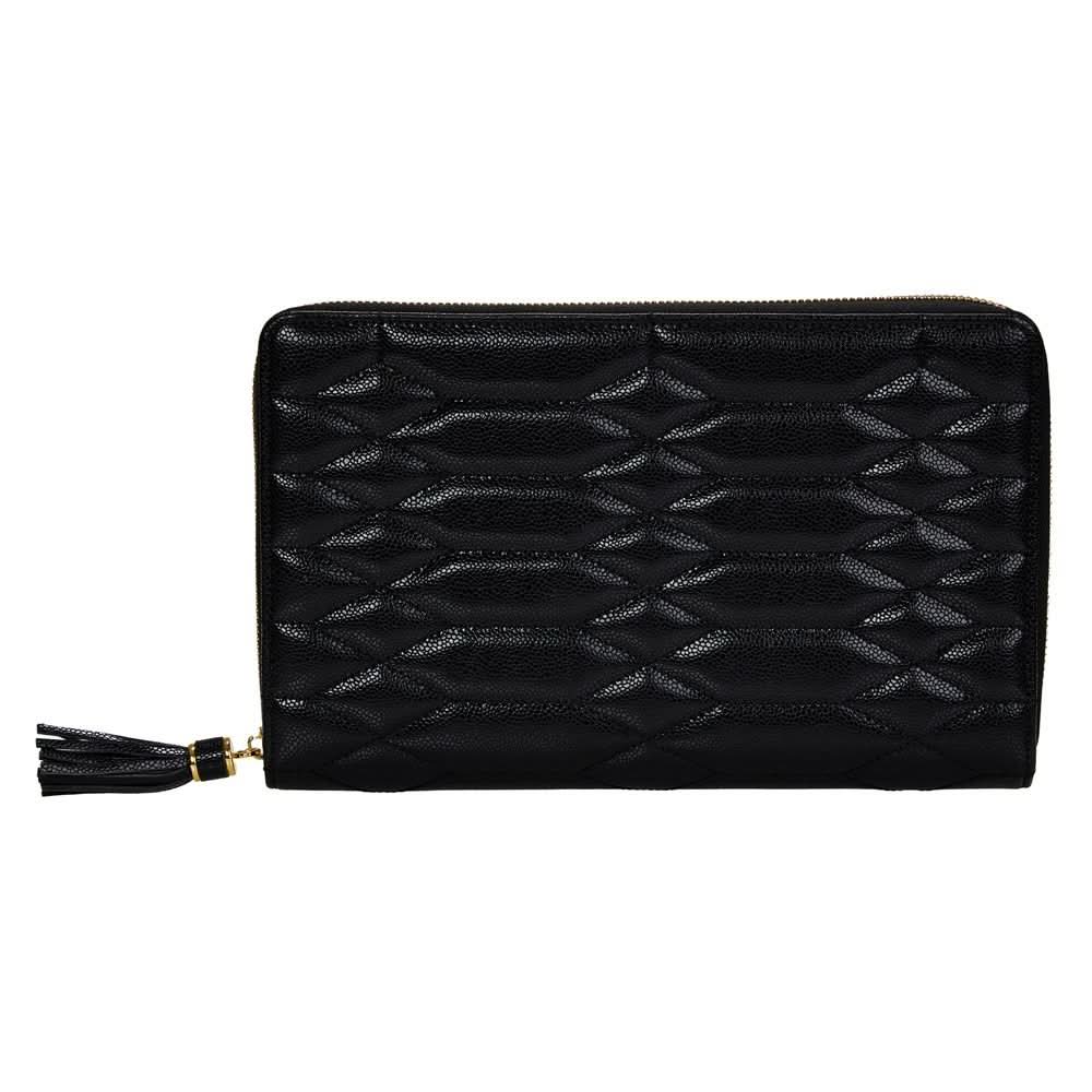 A black quilted leather zip-around case with a geometric diamond pattern and a black tassel zipper pull, shown against a plain white background.