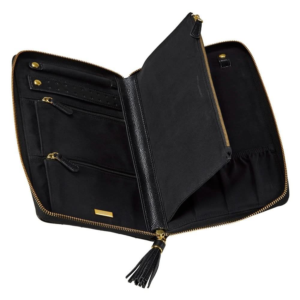 An open black leather travel organizer pouch with gold-tone zippers, interior card slots, and a tassel zipper pull, shown on a plain white background.