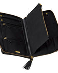 An open black leather travel organizer pouch with gold-tone zippers, interior card slots, and a tassel zipper pull, shown on a plain white background.