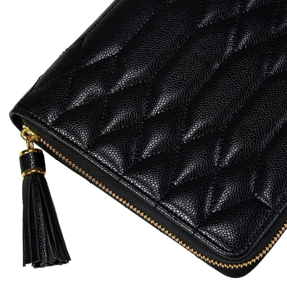 Black quilted leather zip-around case with a gold-tone zipper and a black tassel zipper pull on a white background.