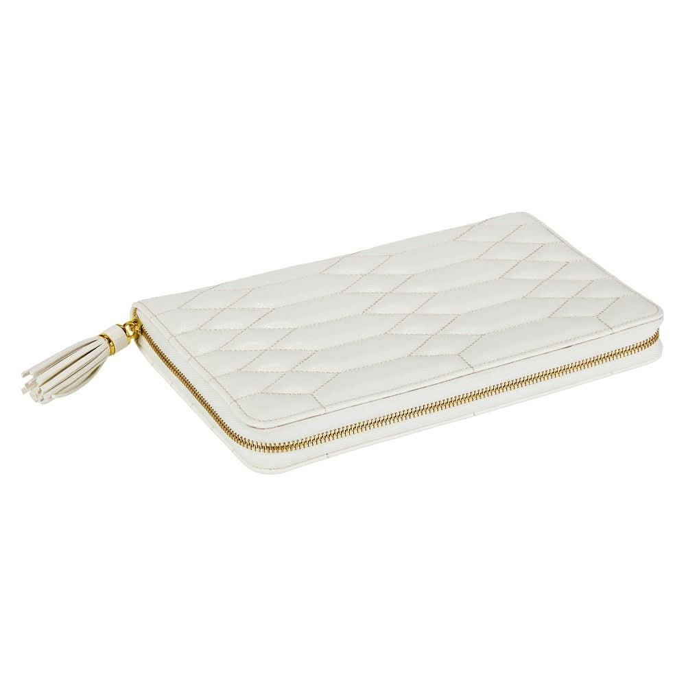 An off-white quilted zip-around case with a gold zipper and a matching tassel zipper pull, shown on a plain white background.