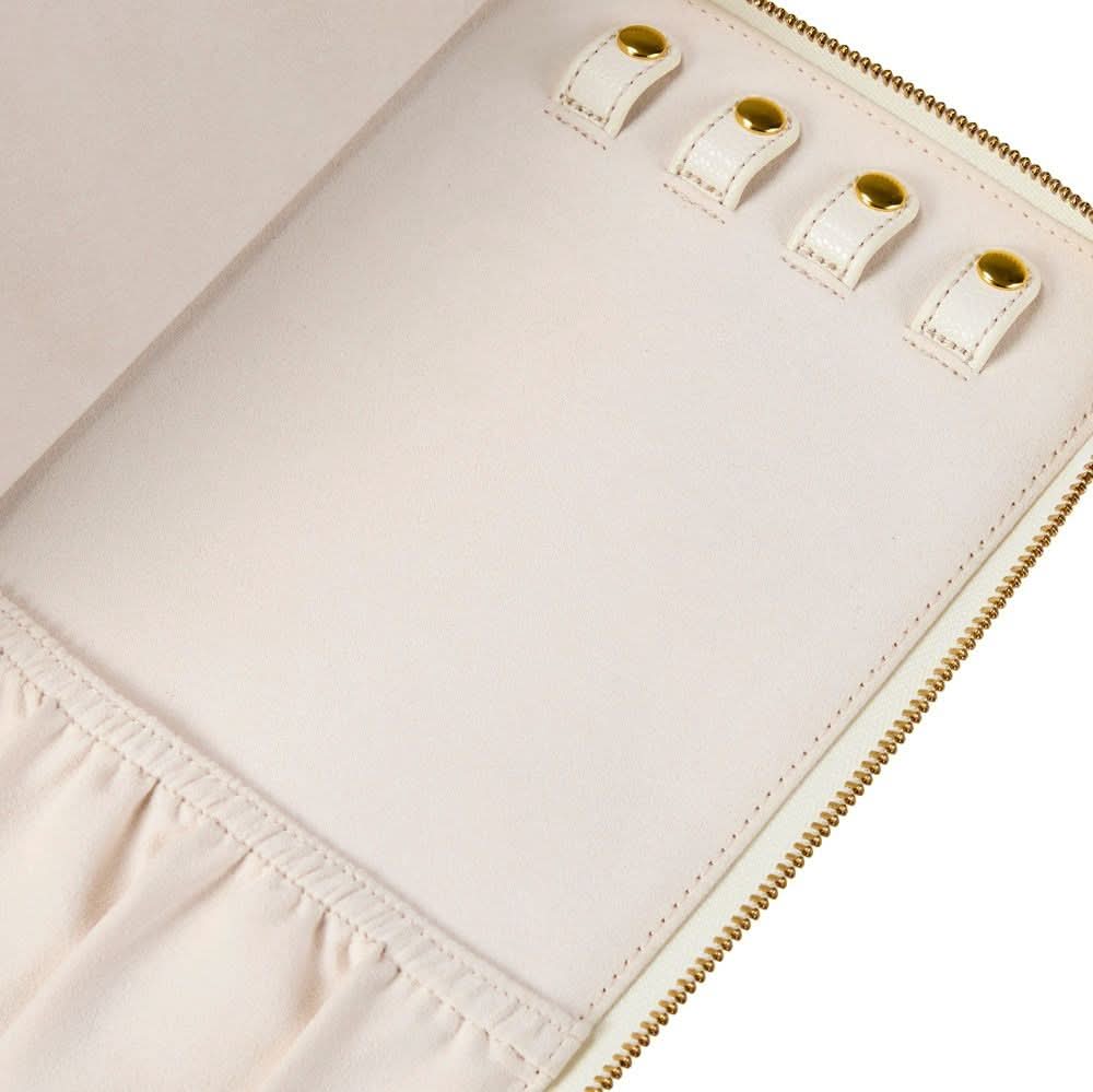 Close-up of a blush fabric zippered pouch or organizer with four gold-tone snap buttons and gold zipper trim on a white background.