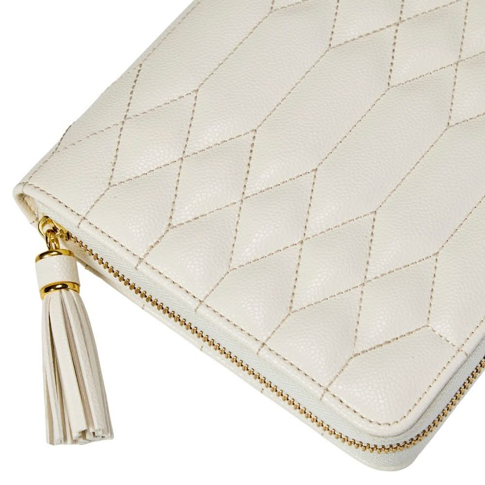 An off-white quilted leather zip-around wallet with a gold zipper and a matching leather tassel, shown on a white background.