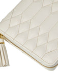 An off-white quilted leather zip-around wallet with a gold zipper and a matching leather tassel, shown on a white background.