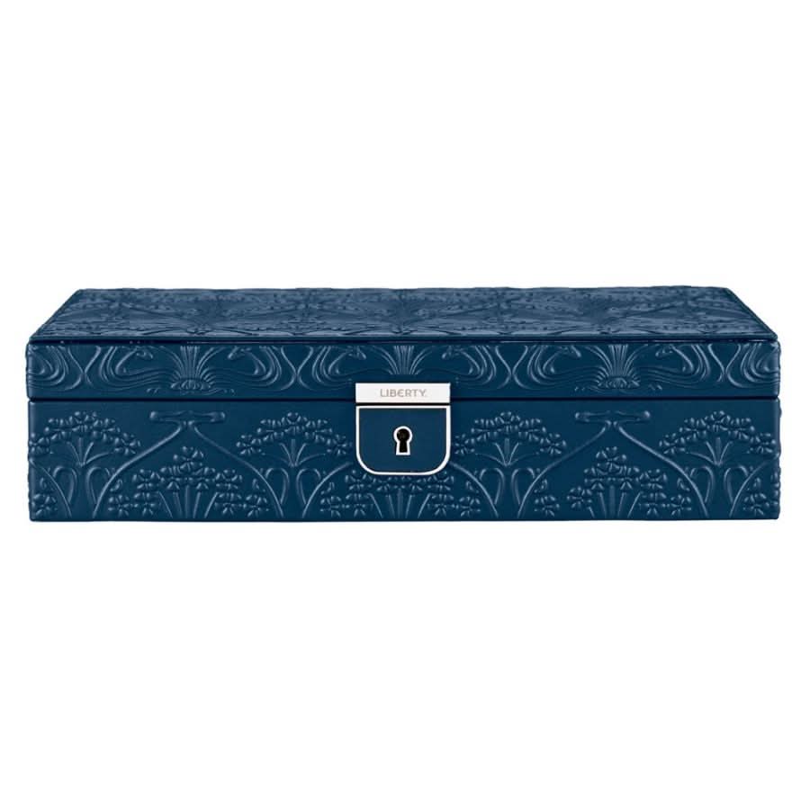 Blue jewelry box with floral patterns and a visible brand logo on a white background