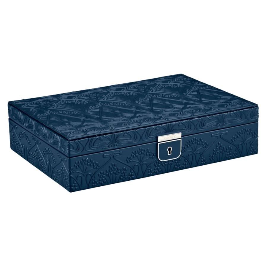 Blue jewelry box with floral pattern on a white background
