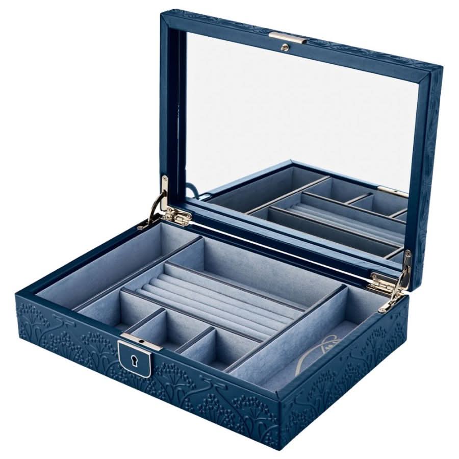 Blue jewelry box with compartments on a white background