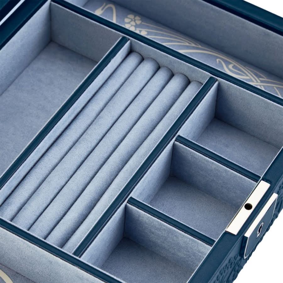 Blue jewelry box with compartments for jewelry storage close up