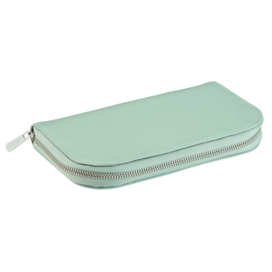 Mint green zipper pouch on a white background