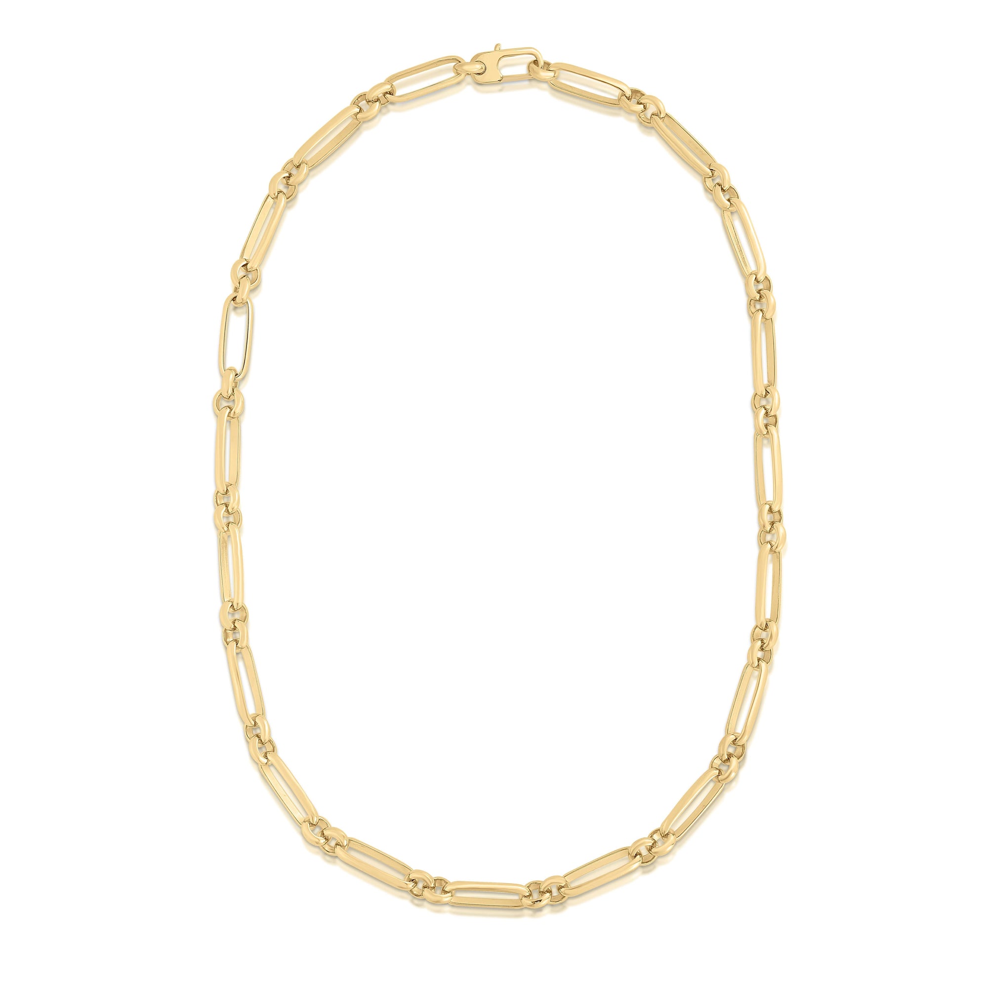 A detailed front view of the Roberto Coin 18K Yellow Designer Gold Mixed Link Necklace (SKU 5310186AY180),  arranged in a large vertical oval loop to display its alternating pattern of thick elongated paperclip links and rounded gold connector rings, secured by a solid, matching geometric lobster clasp at the top against a clean white background.