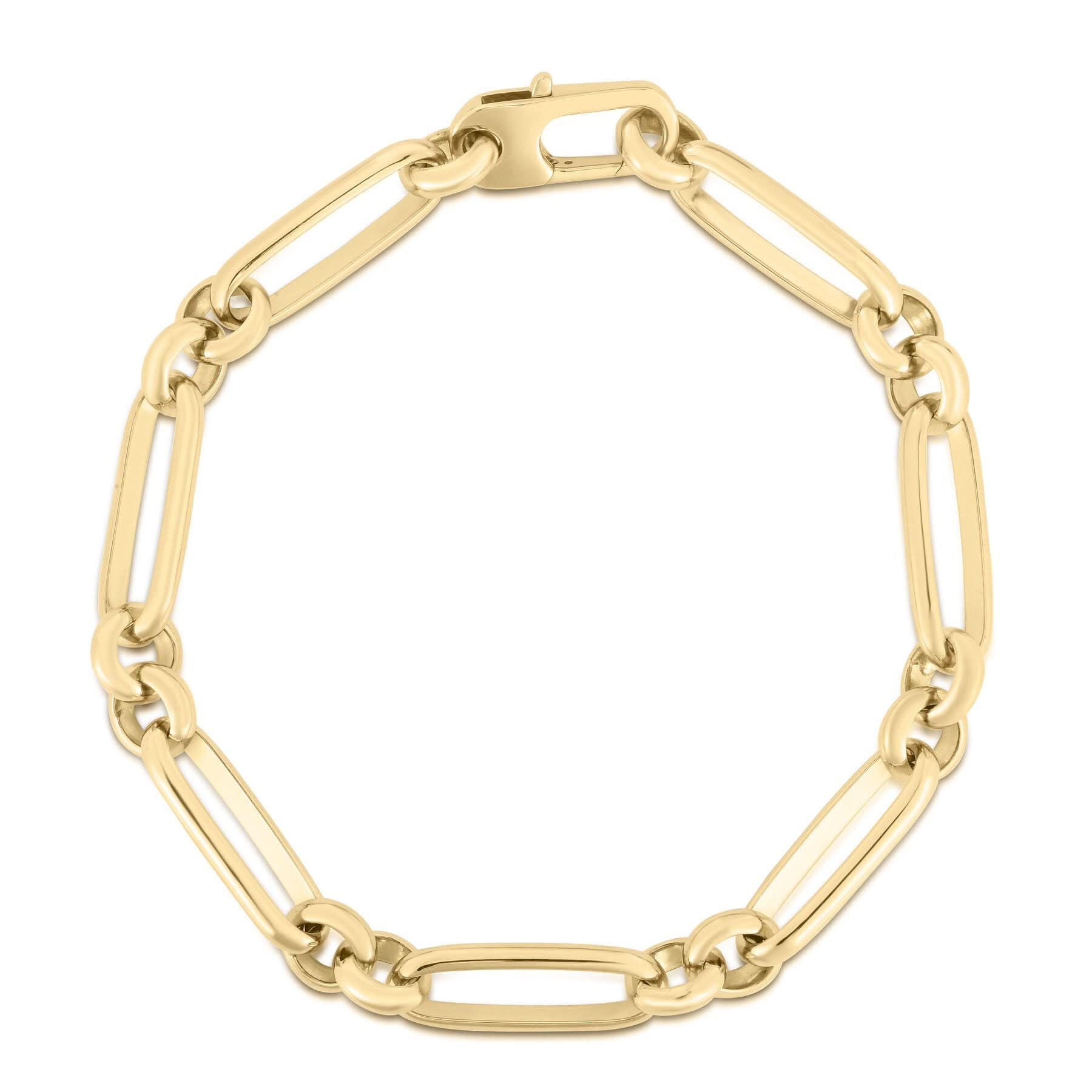 A detailed front view of the Roberto Coin 18K Yellow Designer Gold Mixed Link Bracelet (SKU 5310186AYLB0), arranged in a circle to show its alternating pattern of thick elongated paperclip links and rounded gold connector rings, secured by a solid, matching geometric lobster clasp on a clean white background.