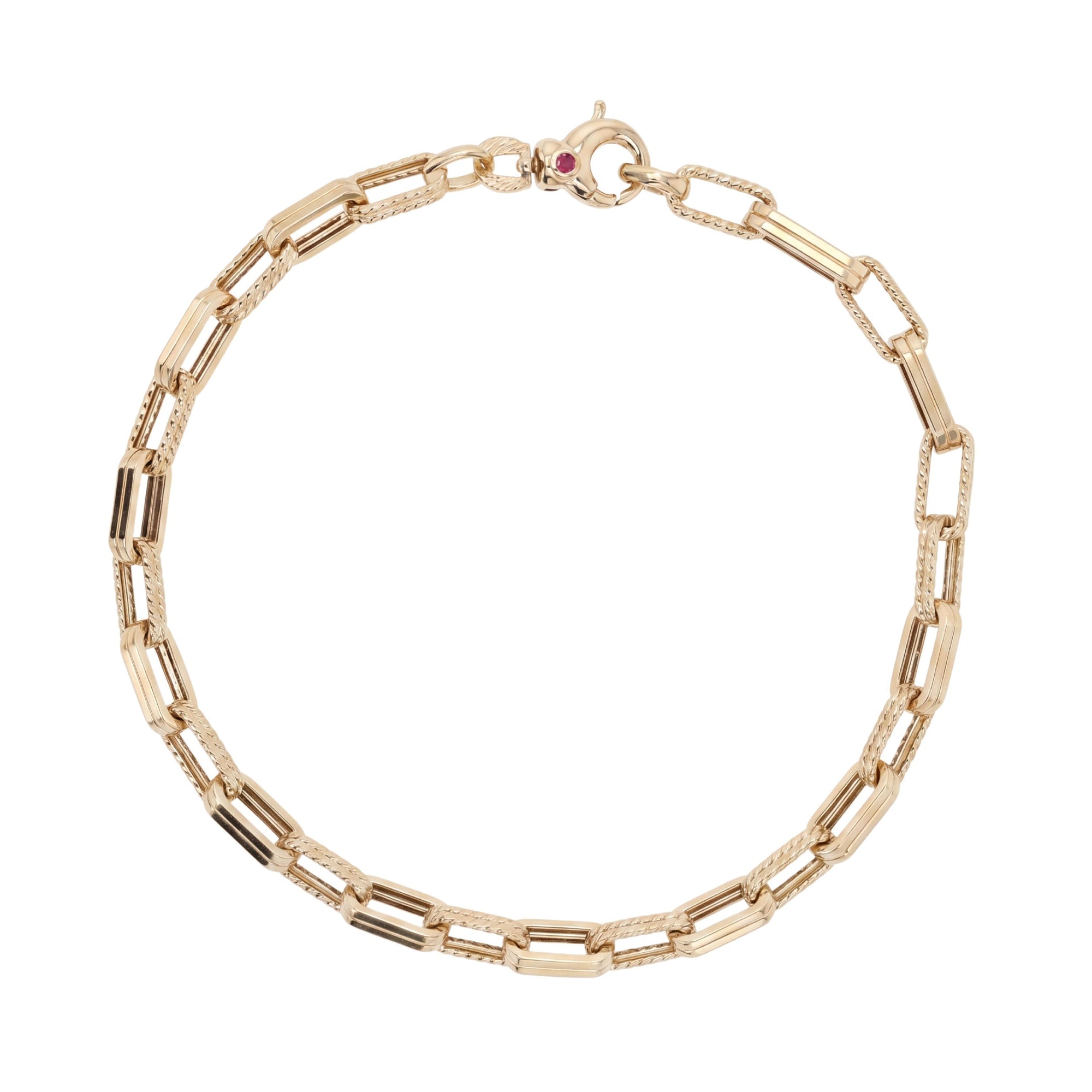 Gold chain bracelet with a clasp on a white background top view
