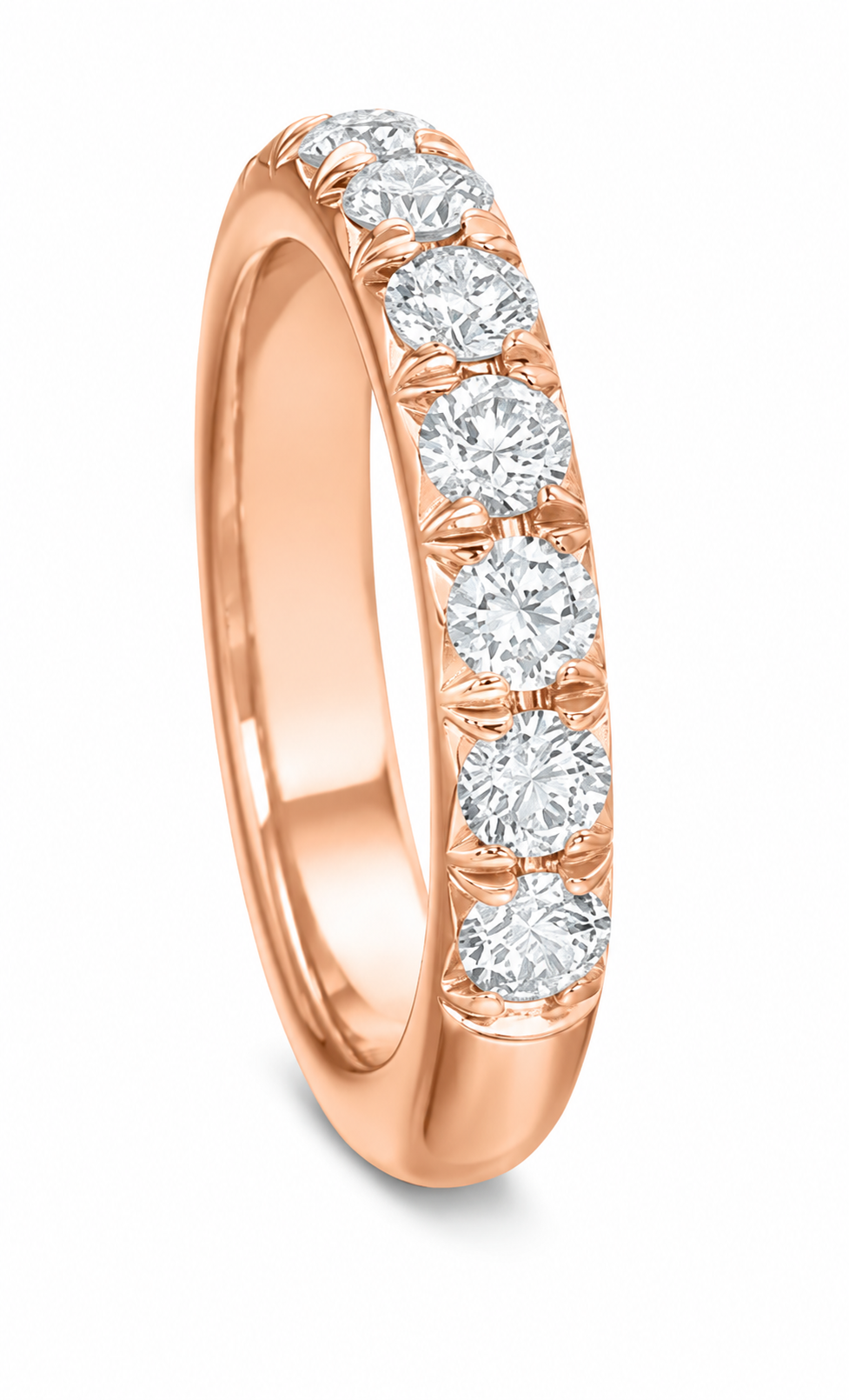 A rose gold  ring featuring a row of round brilliant-cut diamonds set in a polished band, shown on a clean white background.