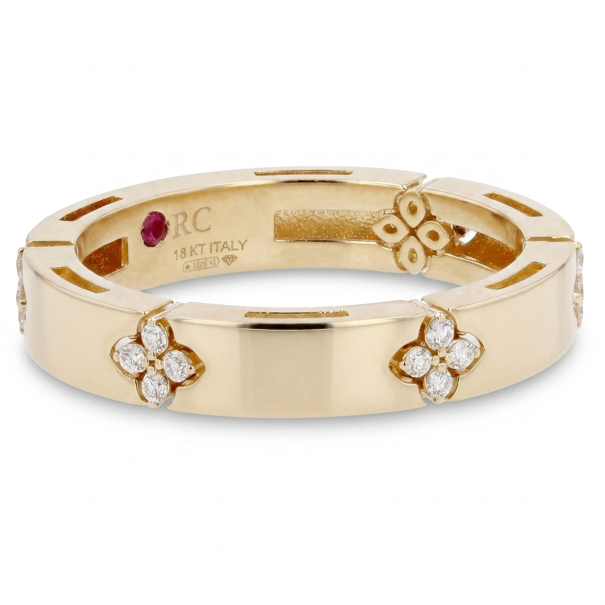 A Roberto Coin Love in Verona stackable band in polished 18K yellow gold, featuring repeating four-petal diamond floral motifs totaling 0.09 carats.