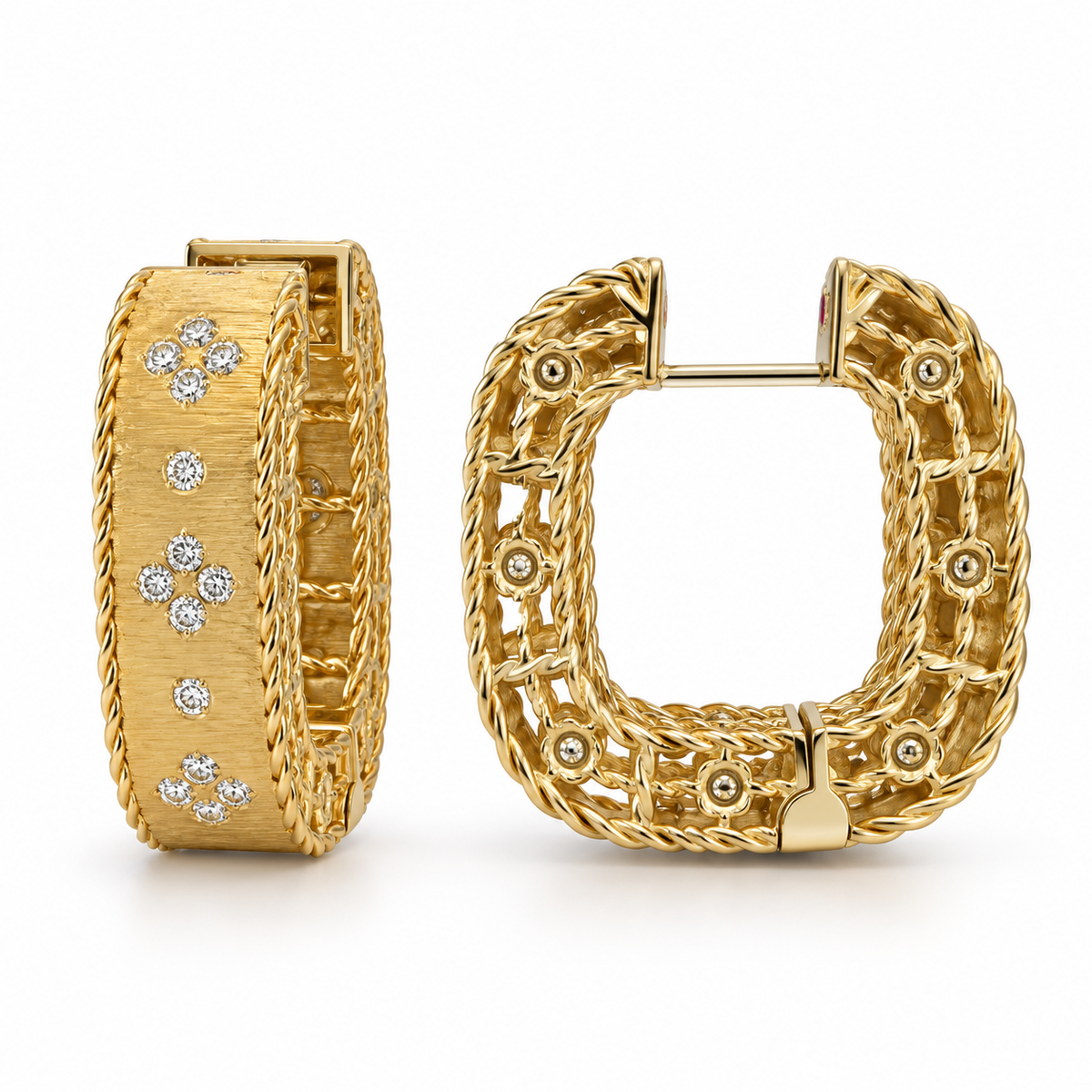 A pair of yellow gold huggie hoop earrings shown on a white background, displaying both the front face with a textured band and rows of small clear stones, and the open back structure with twisted gold details.