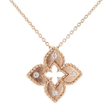 Roberto Coin Rose Gold Petite Venetian Princess Satin & Diamond Flower Necklace - Skeie's Jewelers