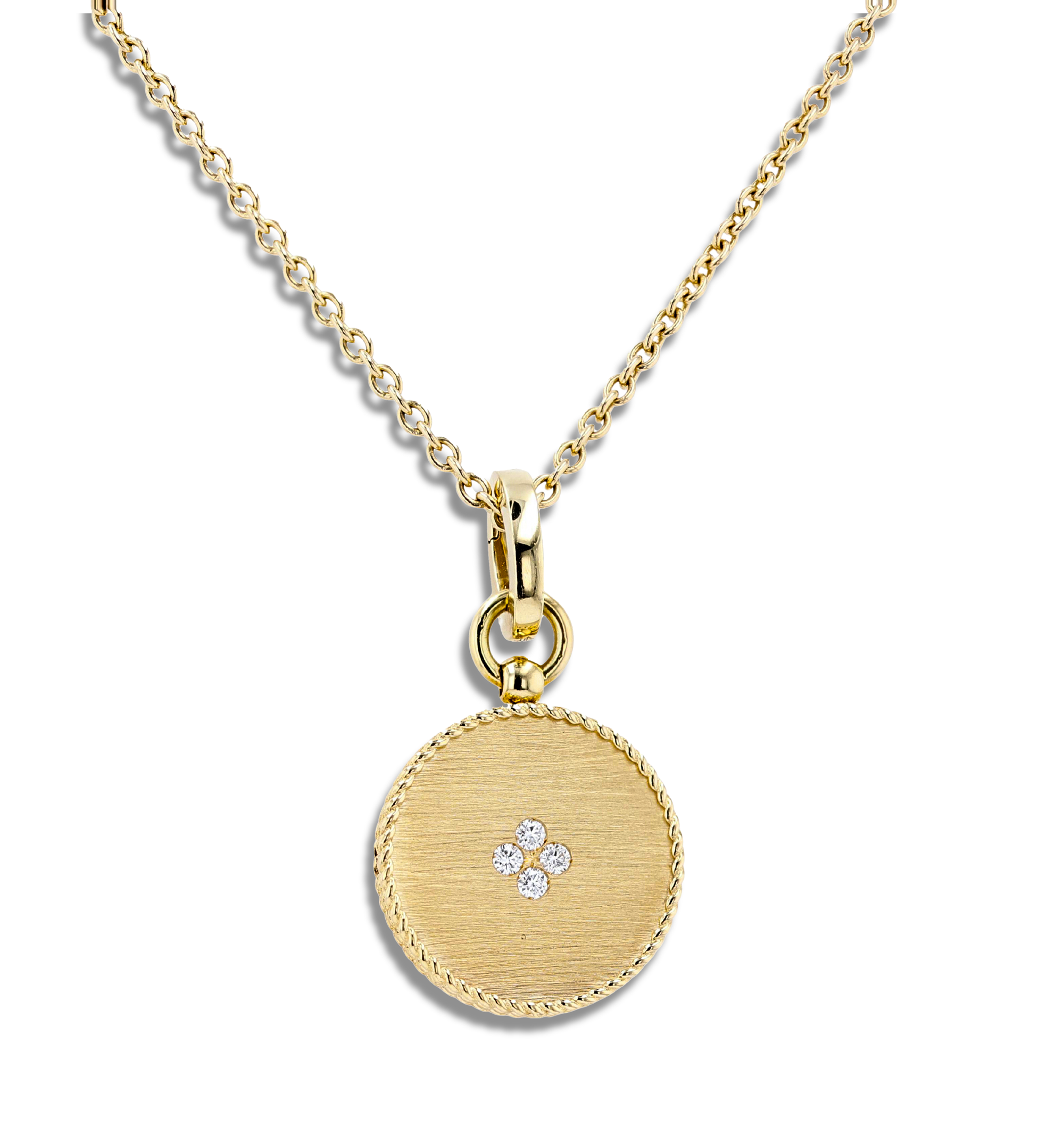 A gold round pendant necklace with a textured rope edge and a small diamond flower motif in the center, suspended from a gold chain on a white background.