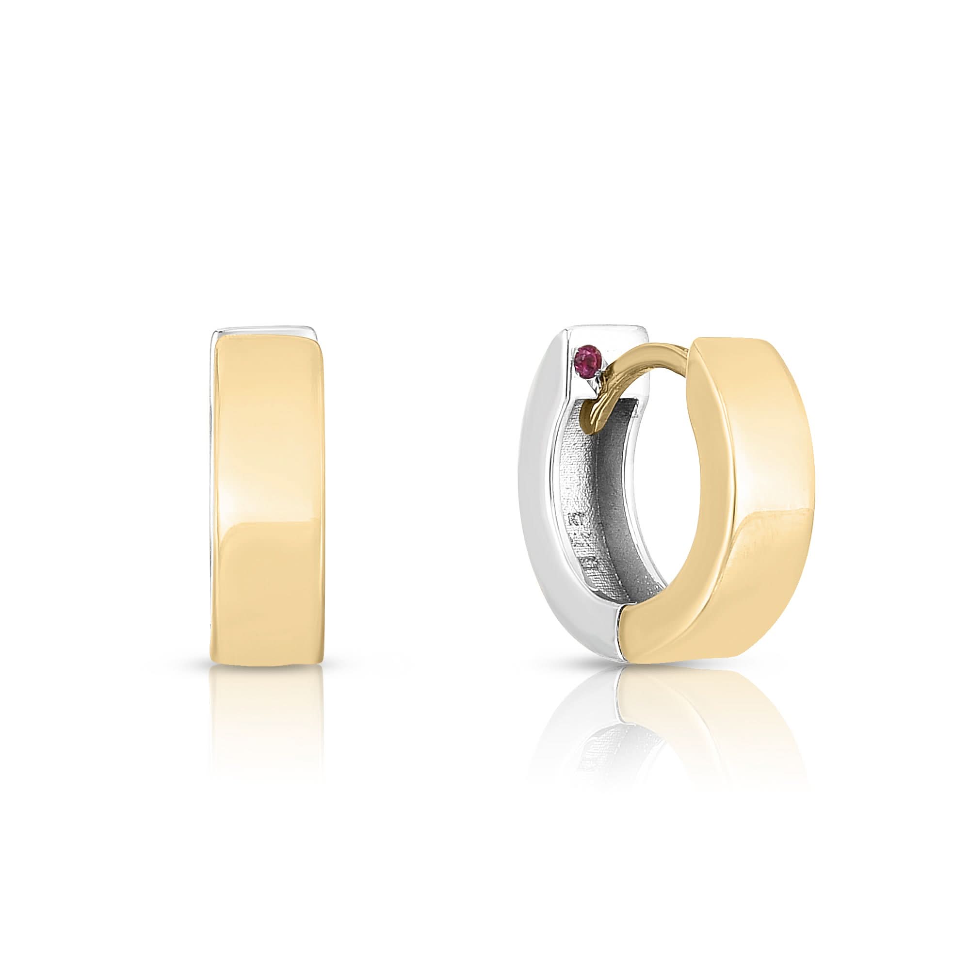 A front view of the Roberto Coin Oro Classic Two-Tone Huggie Hoop Earrings (Reference 7773294AJER0), showing a pair of small, thick 18k gold huggies split neatly into high-polished yellow gold and white gold halves, showcasing their seamless integrated hinge design against a white background.