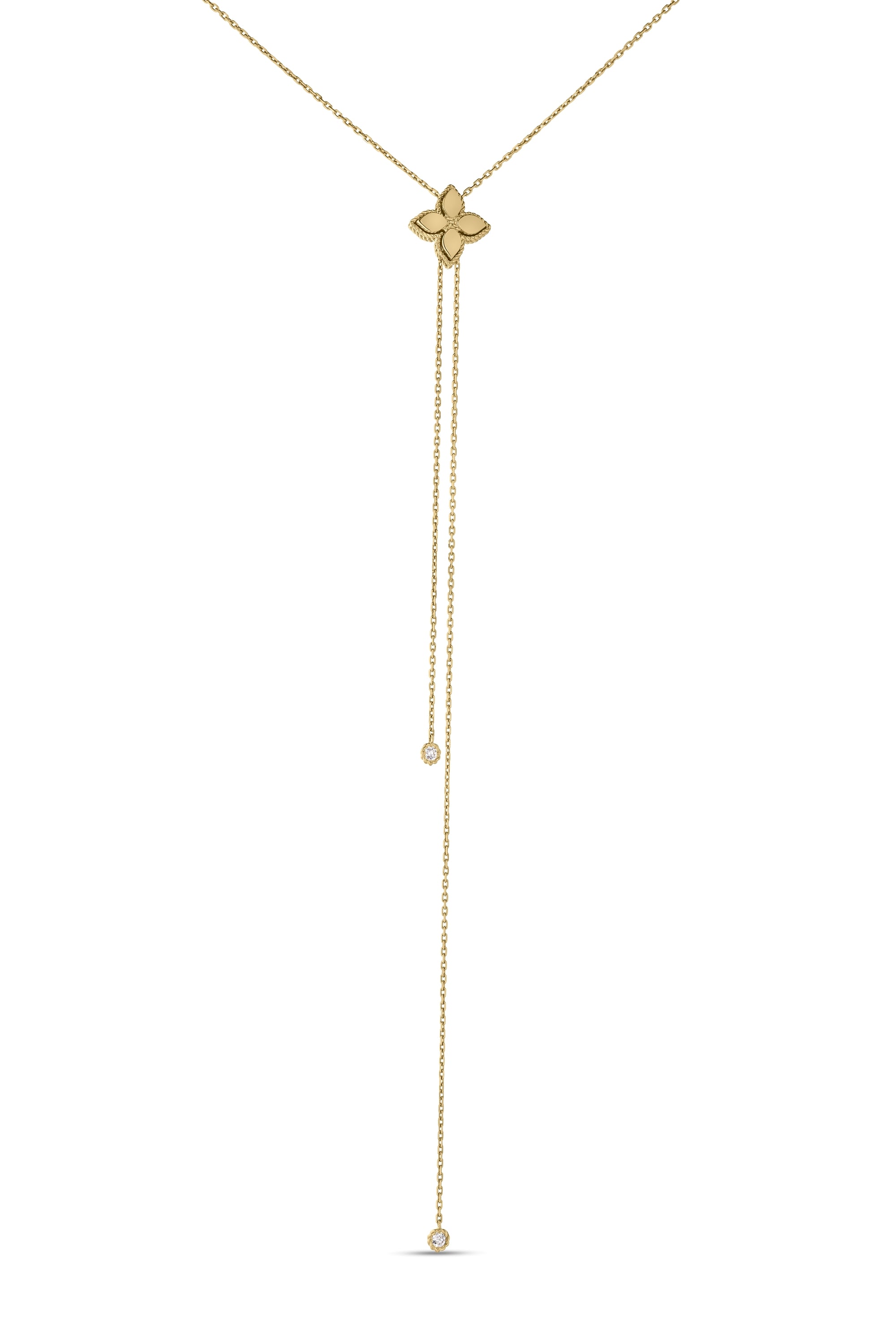A Roberto Coin Princess Flower zipper necklace in 18K yellow gold, featuring a sliding floral diamond pendant on an adjustable 23-inch chain.