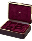 A front view of the WOLF Bella Medium Jewelry Box in a rich Bordeaux quilted leather exterior, shown open to reveal its plush cream interior lining, top organizational compartments, two lower pull-out drawers, built-in lid mirror, and polished metal lock detailing on a white background.