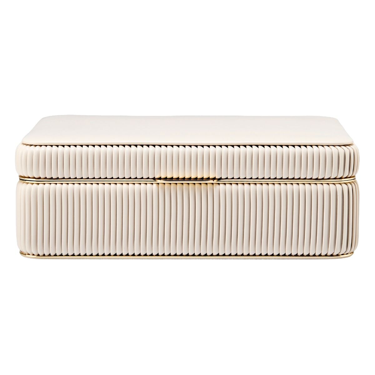 closed front view of Rectangular case in bone color with ribbed texture on a white background