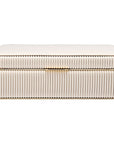 closed front view of Rectangular case in bone color with ribbed texture on a white background