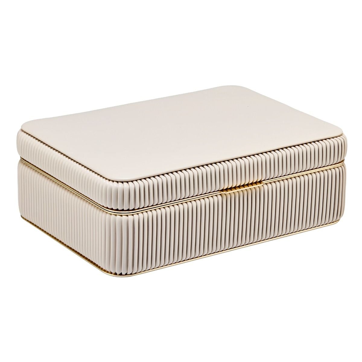 Rectangular jewelry case with ribbed texture and gold trim on a white background
