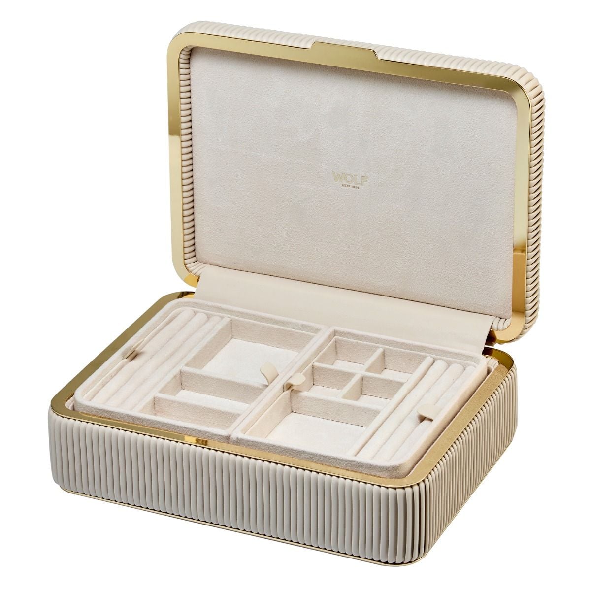Beige jewelry box with gold accents opened on a white background