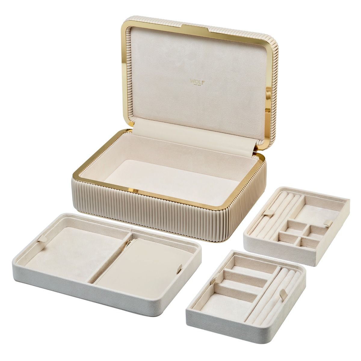 Beige jewelry box with gold accents opened with 3 compartments removed on a white background