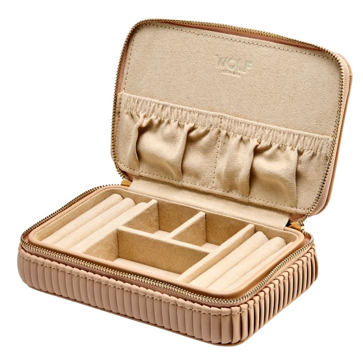 Beige jewelry case with compartments on a white background