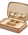 Beige jewelry case with compartments on a white background