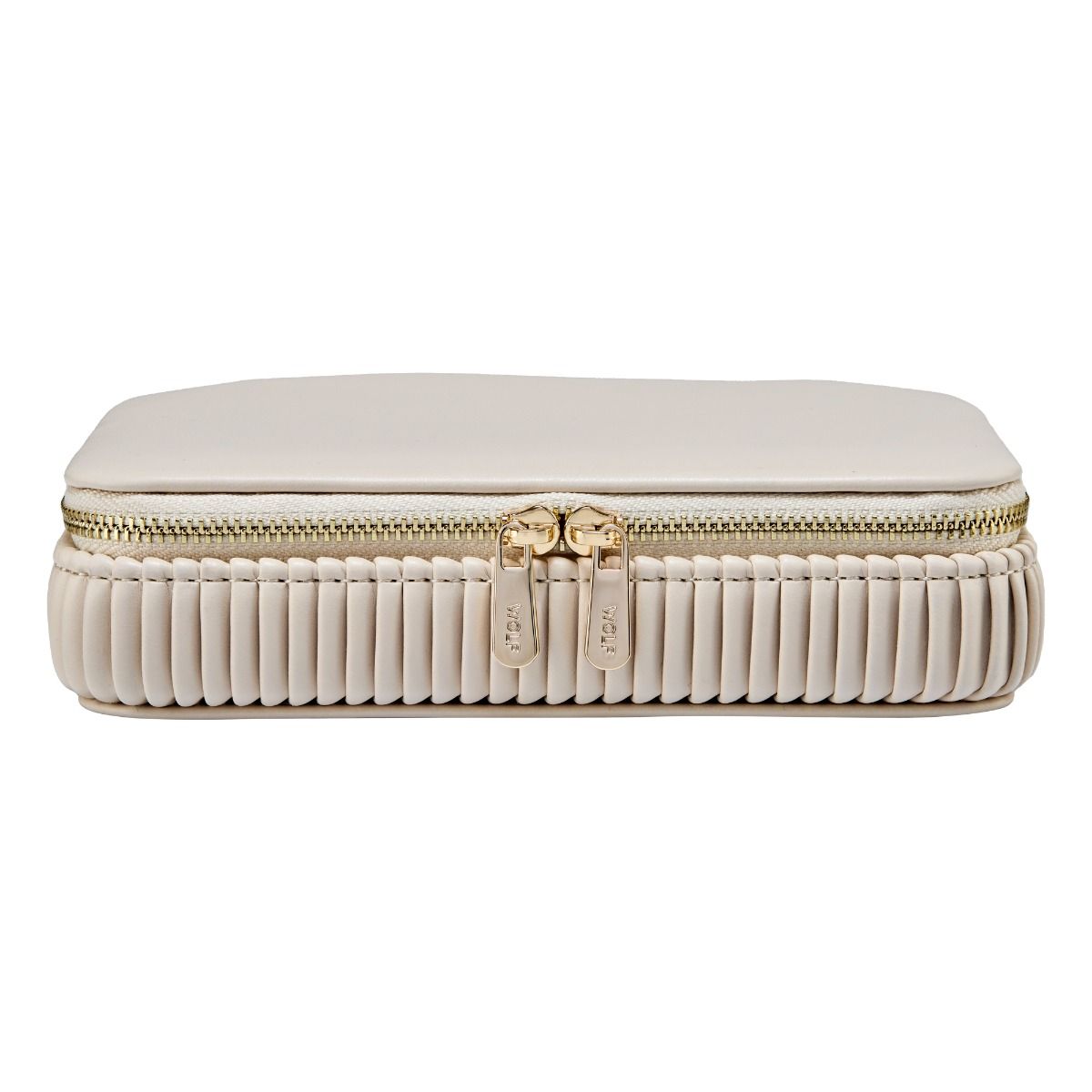 Cream color  jewelry box with gold zipper closed front view on a white background