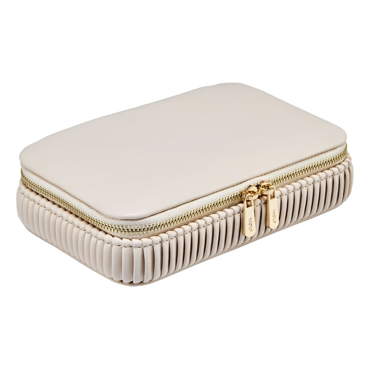White jewelry case with gold zipper on a white background