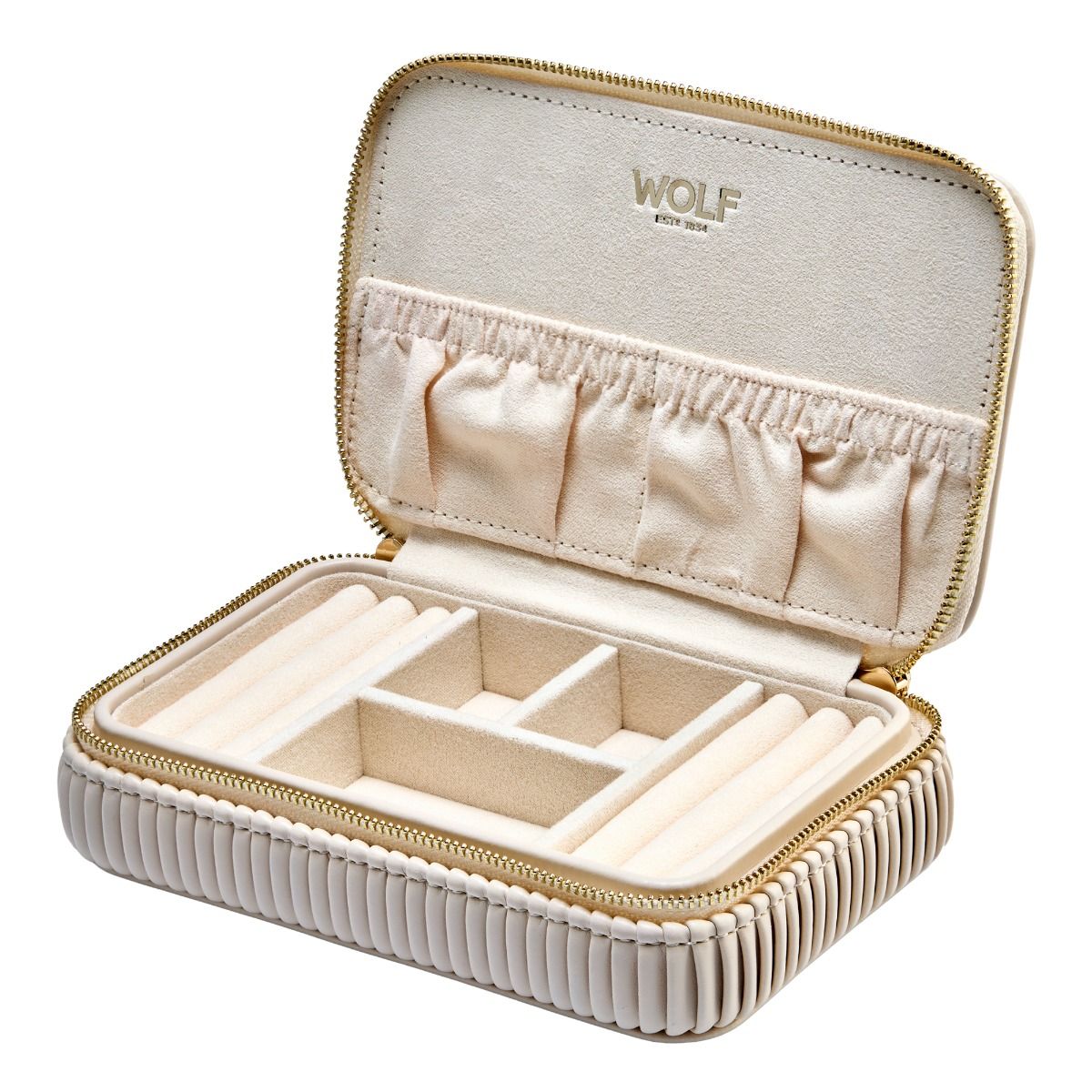 Beige jewelry case opened  with 'WOLF' branding on a white background