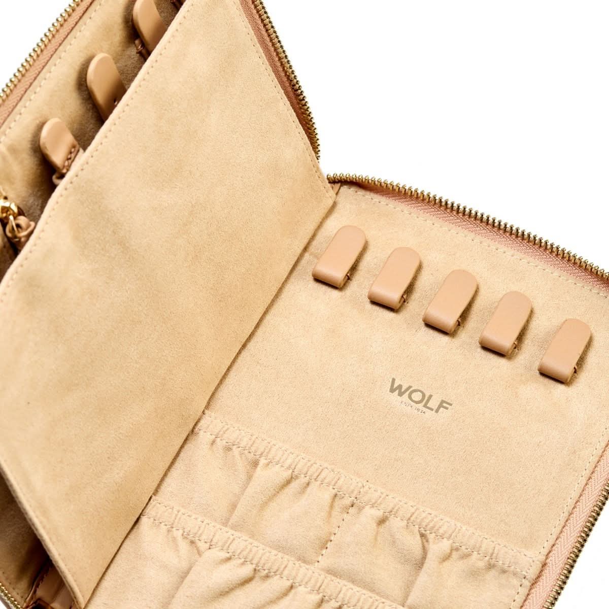 Beige jewelry holder with 'WOLF' branding on a white background