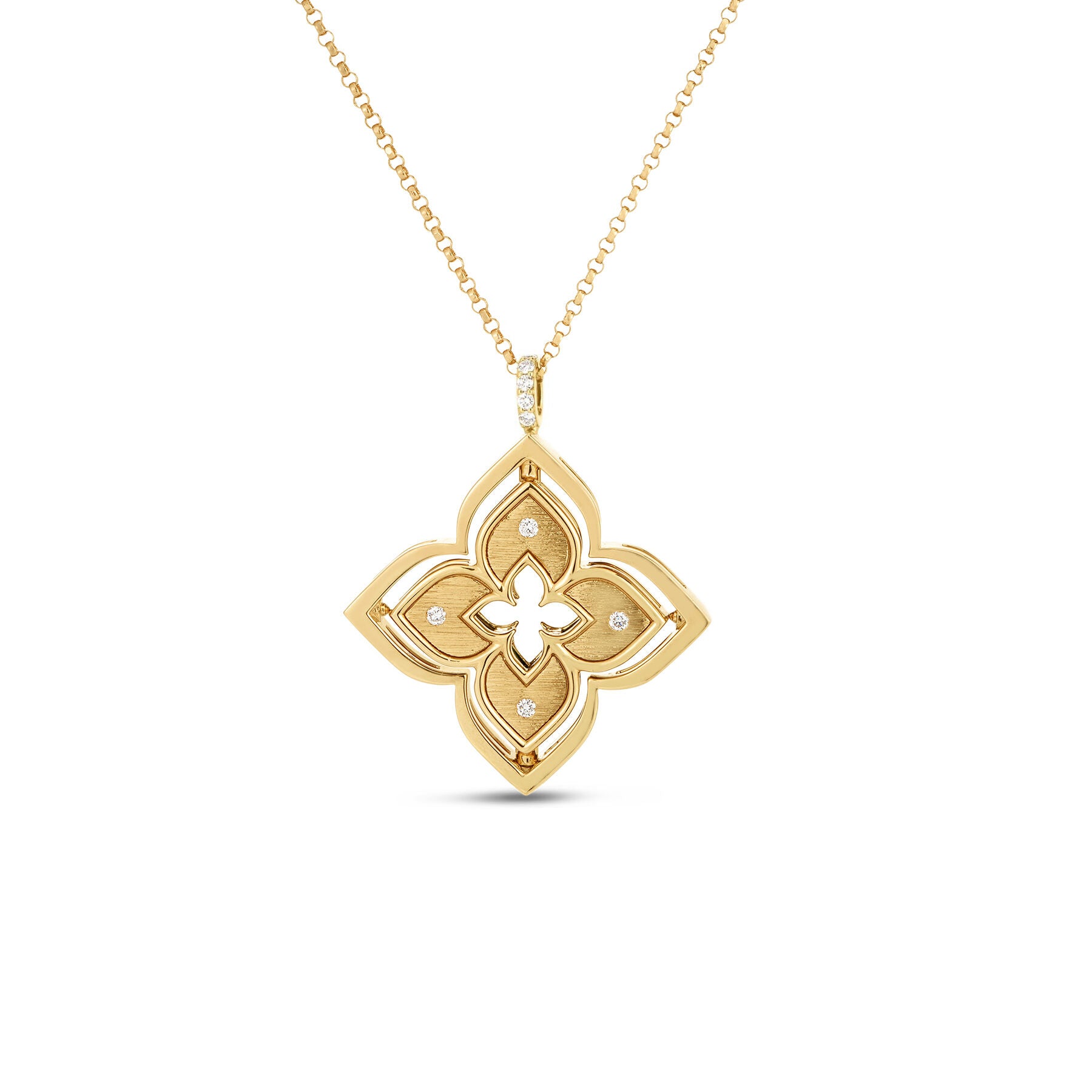 gold princess flower pendant with  a diamond bail and 4 embedded in the flower on a white background